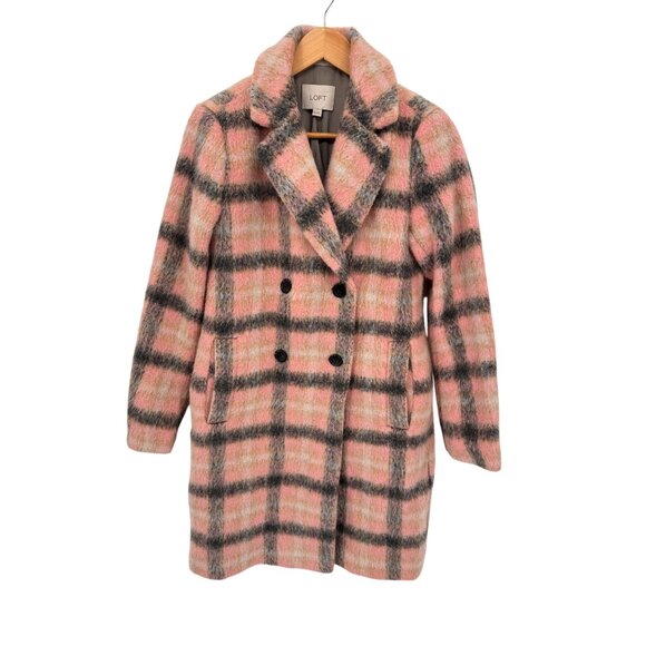 Loft Double‎ Breasted Coquette Coat XXS Pink Gray Plaid Wool Blend Lined Pockets - Picture 1 of 10